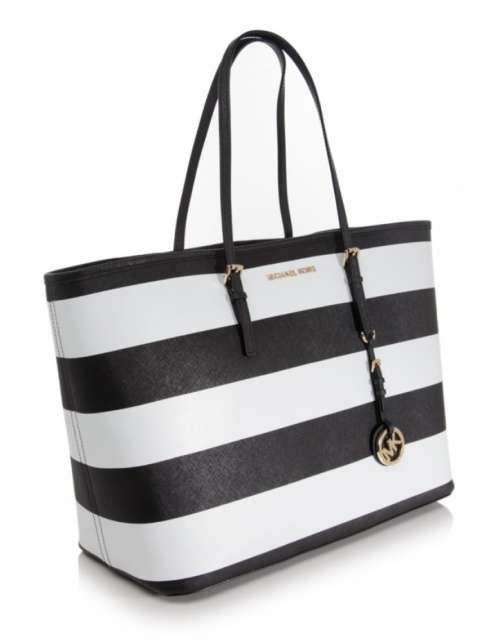 AUTHENTIC MICHAEL KORS- BLACK & WHITE STRIPES - MED BAG - G/LEATHER